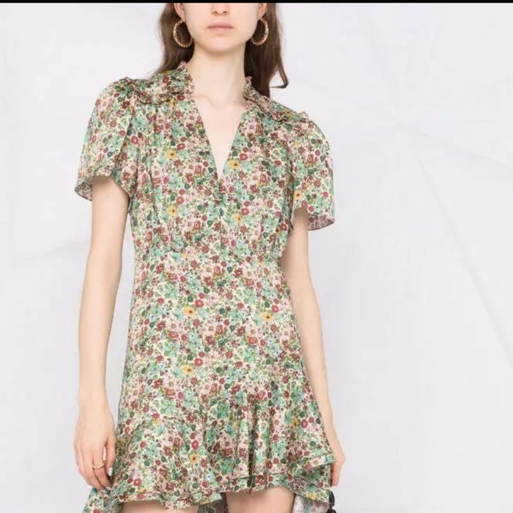 Sandro Green Floral V-Neck Mini Dress with Red and Yellow Accents
